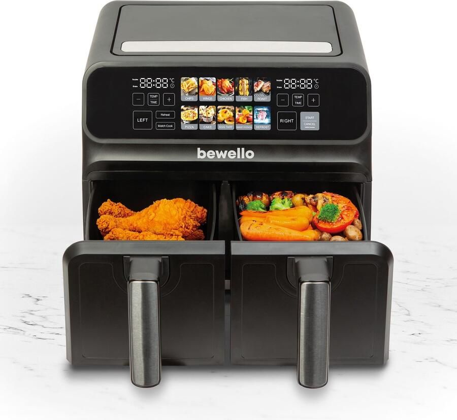 Bewello Airfryer XXL – Dubbele Lade – 4 + 4 Liter – 2200 Watt – Olievrij Frituren – Touchscreen Display – Timerfunctie – Non Stick Bakmanden – Zwart – 230V – 1 Stuk [BW1002D]
