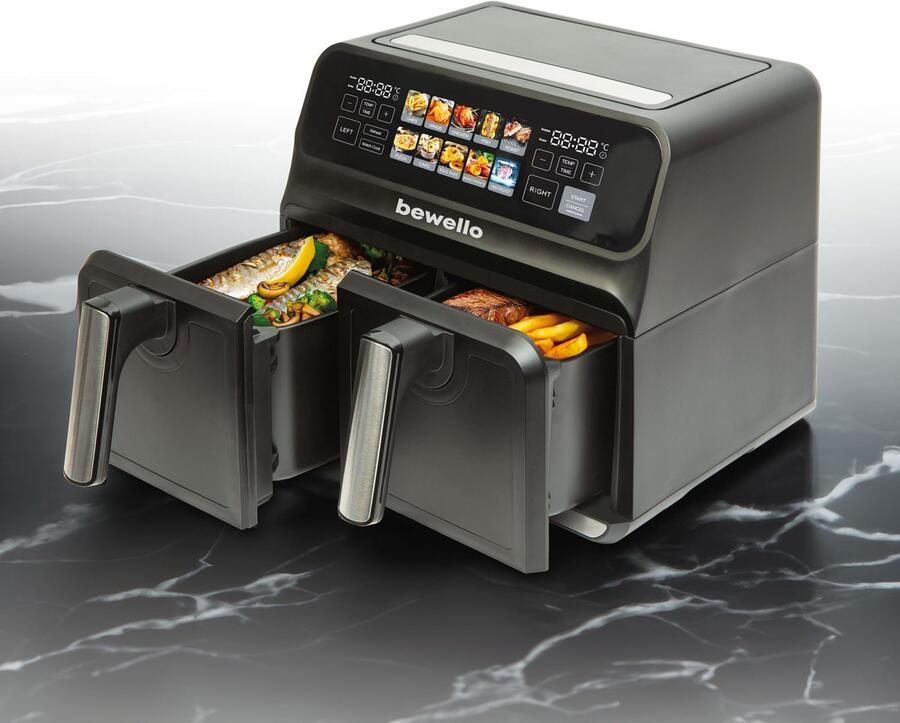 Bewello Airfryer XXL – Dubbele Lade – 4 + 4 Liter – 2200 Watt – Olievrij Frituren – Touchscreen Display – Timerfunctie – Non Stick Bakmanden – Zwart – 230V – 1 Stuk [BW1002D]