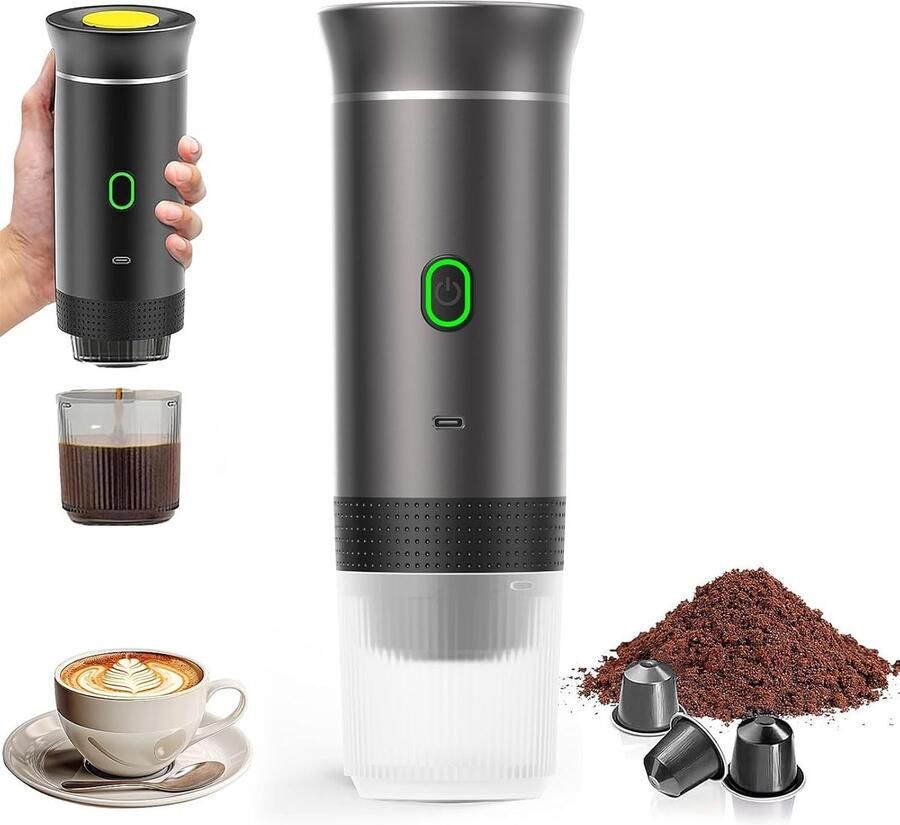 Beyahl Draagbare Elektrische Espressomachine 3-in-1 Zelfverwarmend Reis Koffiezetapparaat Compatibel met Nespresso Capsules Andere Capsules en Gemalen Koffie USB Oplaadbaar Grijs