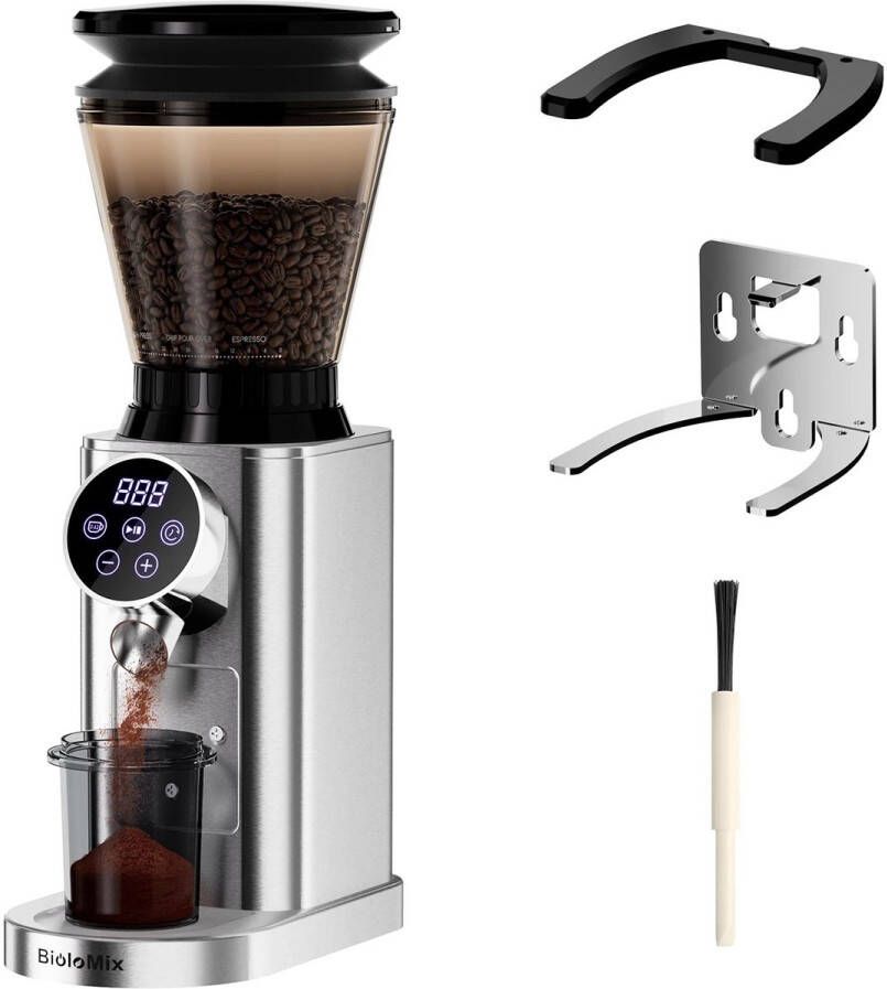 BioloMix BCG210 Elektrische Koffiemolen – Conische Maalschijven – 48 Maalstanden – Anti-Statisch – Espresso & Filterkoffie – Met Portafilterhouder TELEO