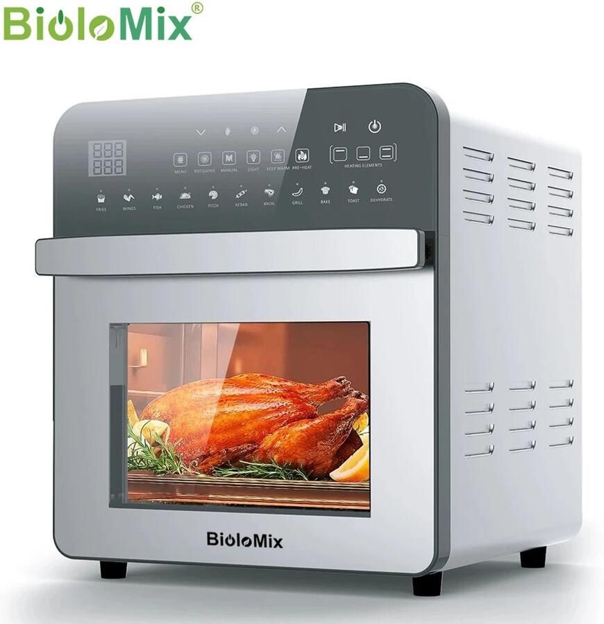 BioloMix 11-in-1 Airfryer Oven 15L van Roestvrij Staal – Dubbele Verwarming – Olievrij Frituren Oven Broodrooster Draaispit & Dehydrator – Transparante Oven met Touchscreen – Heteluchtfriteuse 1700W Multifunctioneel Bakken & Braden