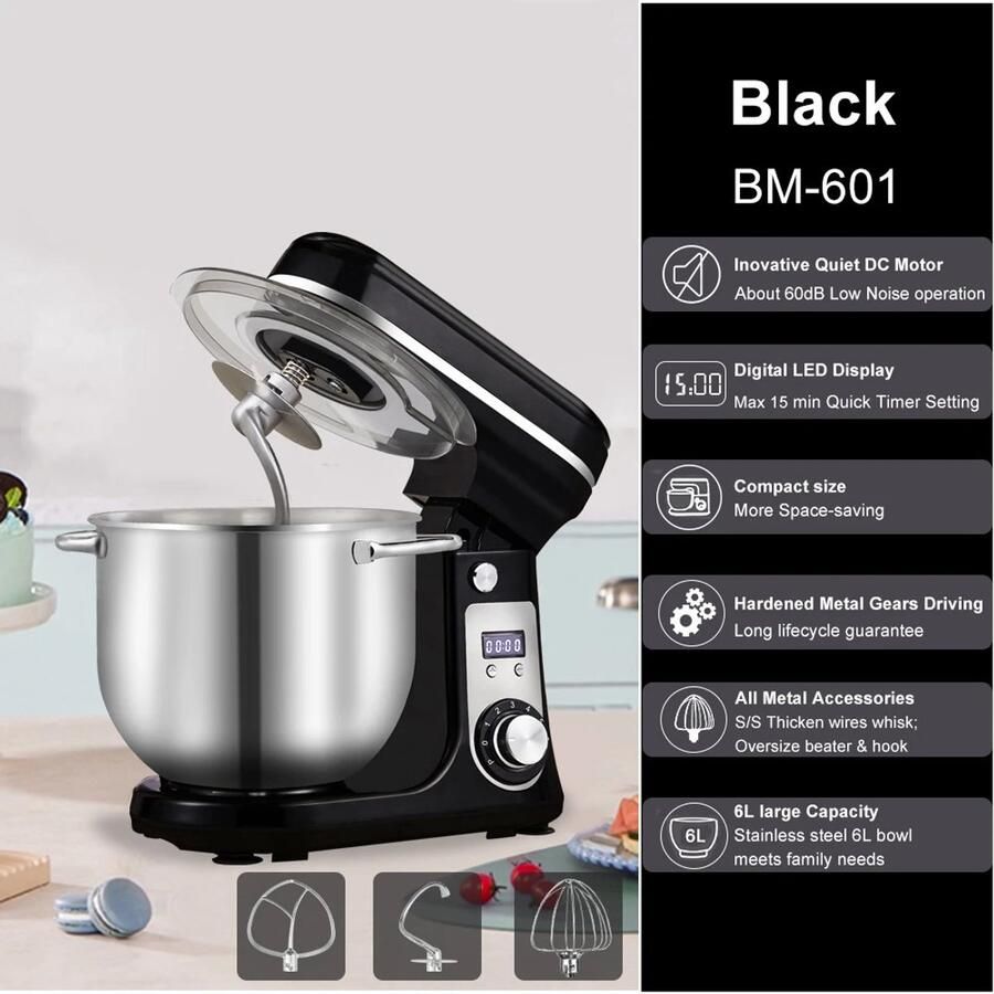 BioloMix BM601 Keukenmixer 1200W stille DC-motor 6L RVS-kom 6 snelheden Voor brooddeeg beslag & meringue Krachtig kneden zonder lawaai