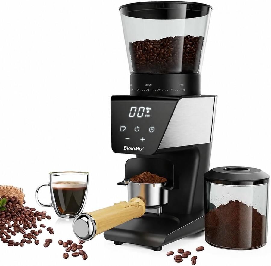 Biolomix Koop & More Koffiemolen electrisch Koffiemaler 51–54 mm portafilter 30 maalstanden Zwart RVS 1 tot 12 kopjes