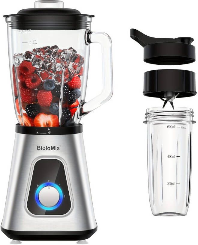 BioloMix blender Smoothie Blender 1300W – Met 1.5L Glazen Kan – Krachtige Blender voor Bevroren Fruit Smoothies & Sauzen – Persoonlijke Blender Set