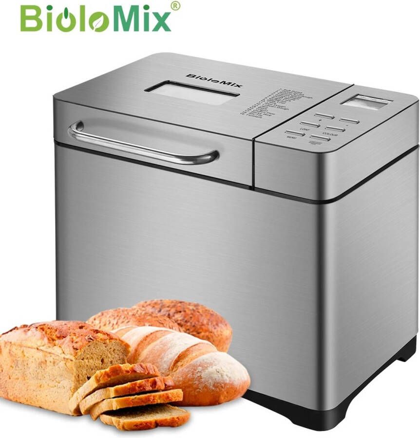 BioloMix Clixify Broodbakmachines 19in1 650W Programmeerbaar Met noten en fruit dispenser Grote Luxe Broodbakmachine RVS zilver Broodbak machine Multifunctionele Broodmachine 19 Programma's 1 Kg Capaciteit