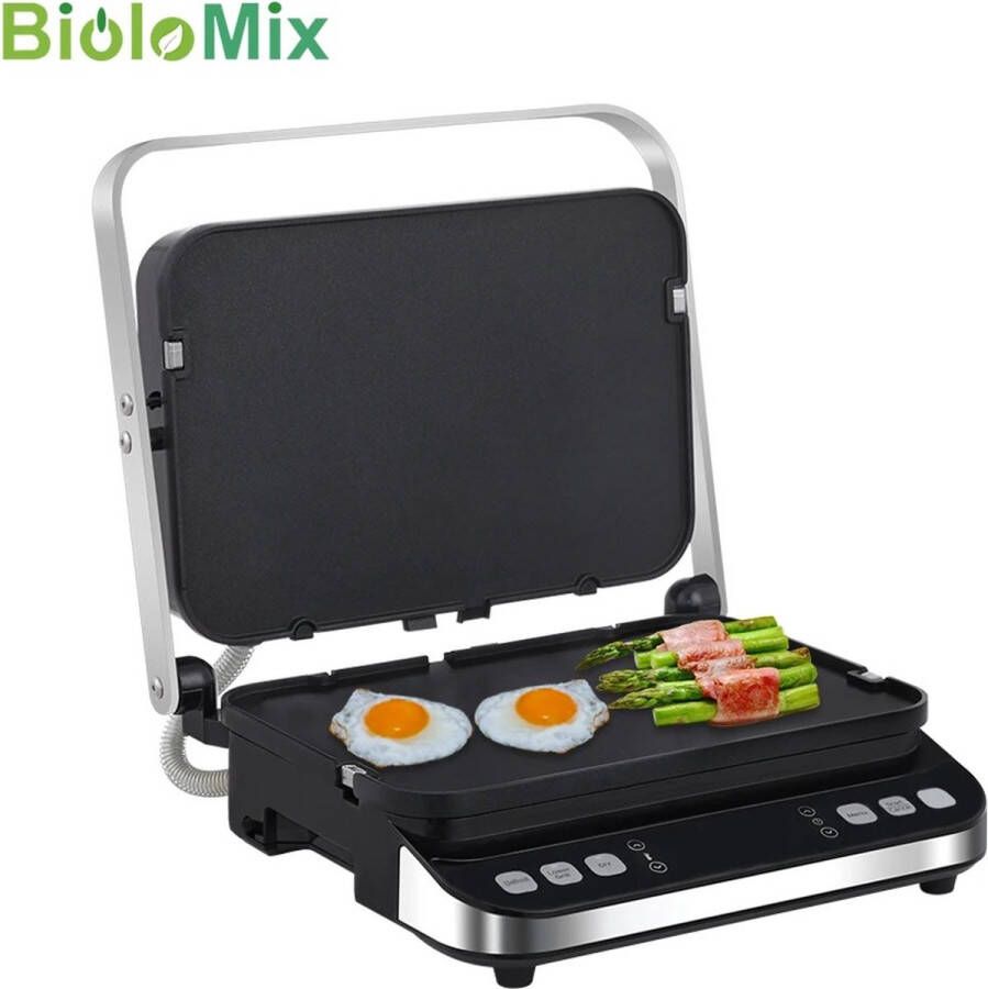 BioloMix Digitale Bakplaat Elektrische Contact Grill Tosti apparaat RVS Digitale Bakplaat Panini Pers Optioneel Wafelijzer Platen opent 180 Graden Barbecue