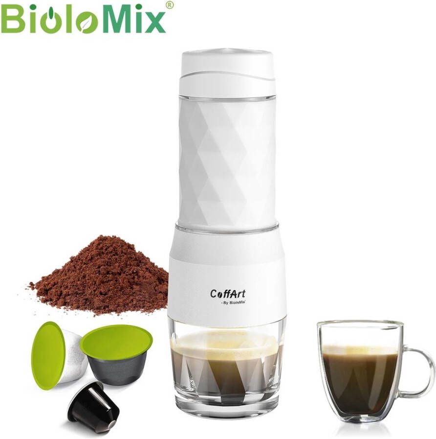 BioloMix Draagbare Koffiemachine Espressomachine Voor Nespresso Dolce Gusto Cups en Filterkoffie 20 Bar Handpers Voor Op reis Camping Wit