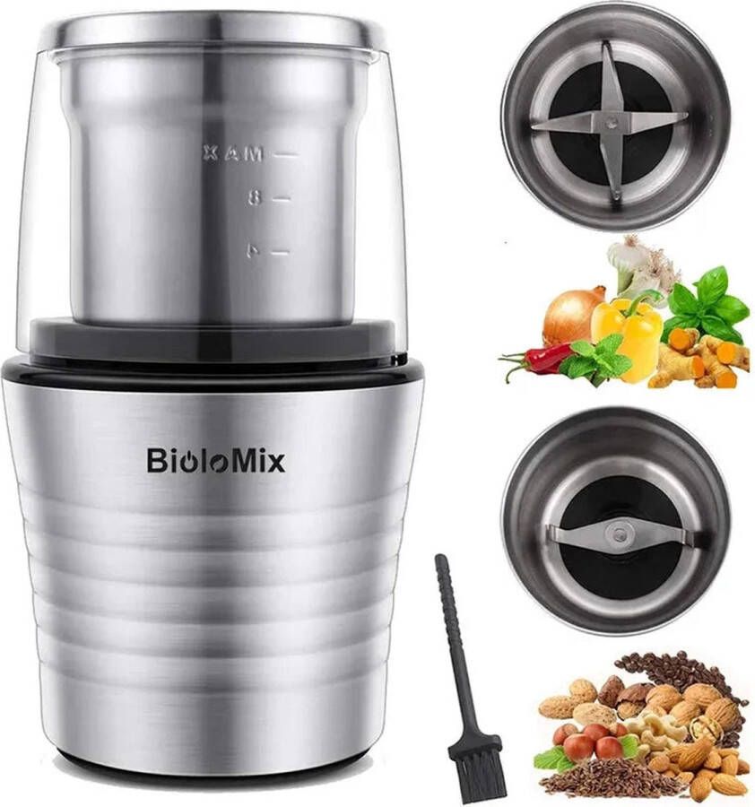 Biolomix Elektrische Kruiden- en Koffiebonenmolen 2-in-1 Nat en Droog Dubbele bekers Multifunctionele Molen 300W Roestvrijstalen behuizing en maalbladen