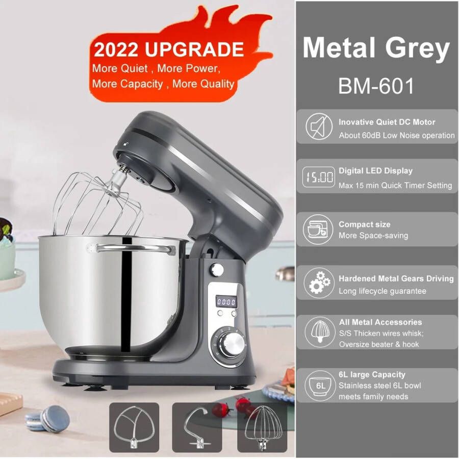 BioloMix Keuken Mixer Voedsel Mixer Blender Stille Motor Crème Ei Garde Zweep Deeg Kneader 6-Speed 1200 W 6 L Grey