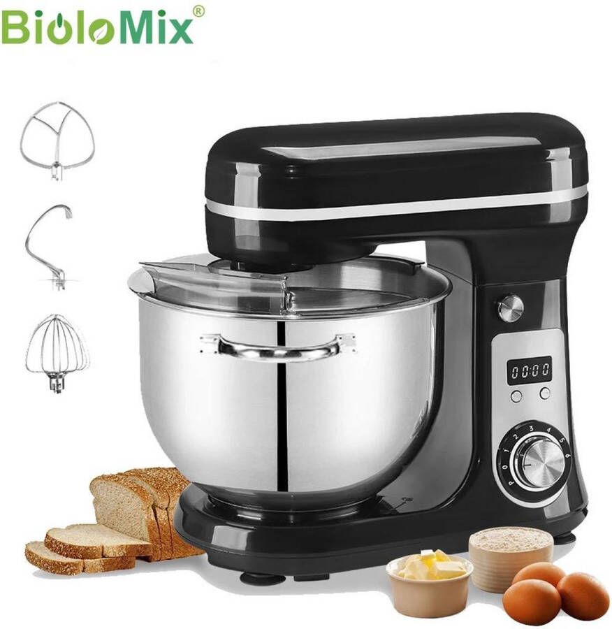 BioloMix keukenmachine voedsel mixer Blender Stille motor Crème ei garde Deeg kneder 6 snelheid standen 1200 W 6 liter capaciteit Keukenmixer met kom Keuken machine Keukenmixer staand Zwart