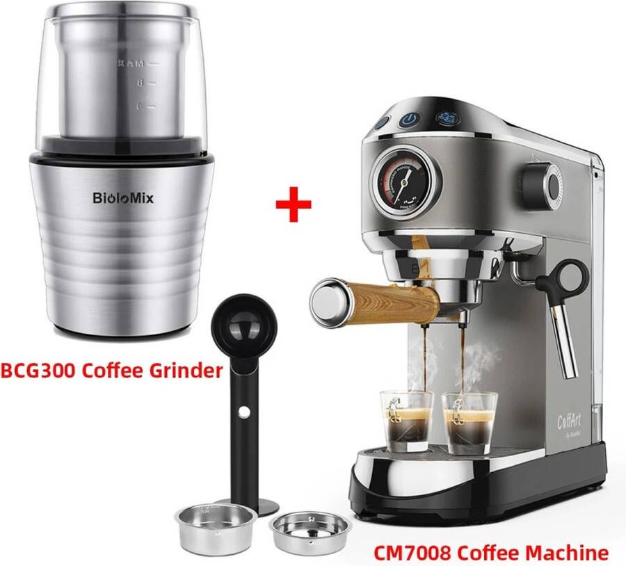 BioloMix Mima Koffiezetapparaat- Bonen Vers Malen- Koffiemachine-Koffiemolen- Silver- Melkopschuimer-Pistonmachine Koffie- Espressomachine