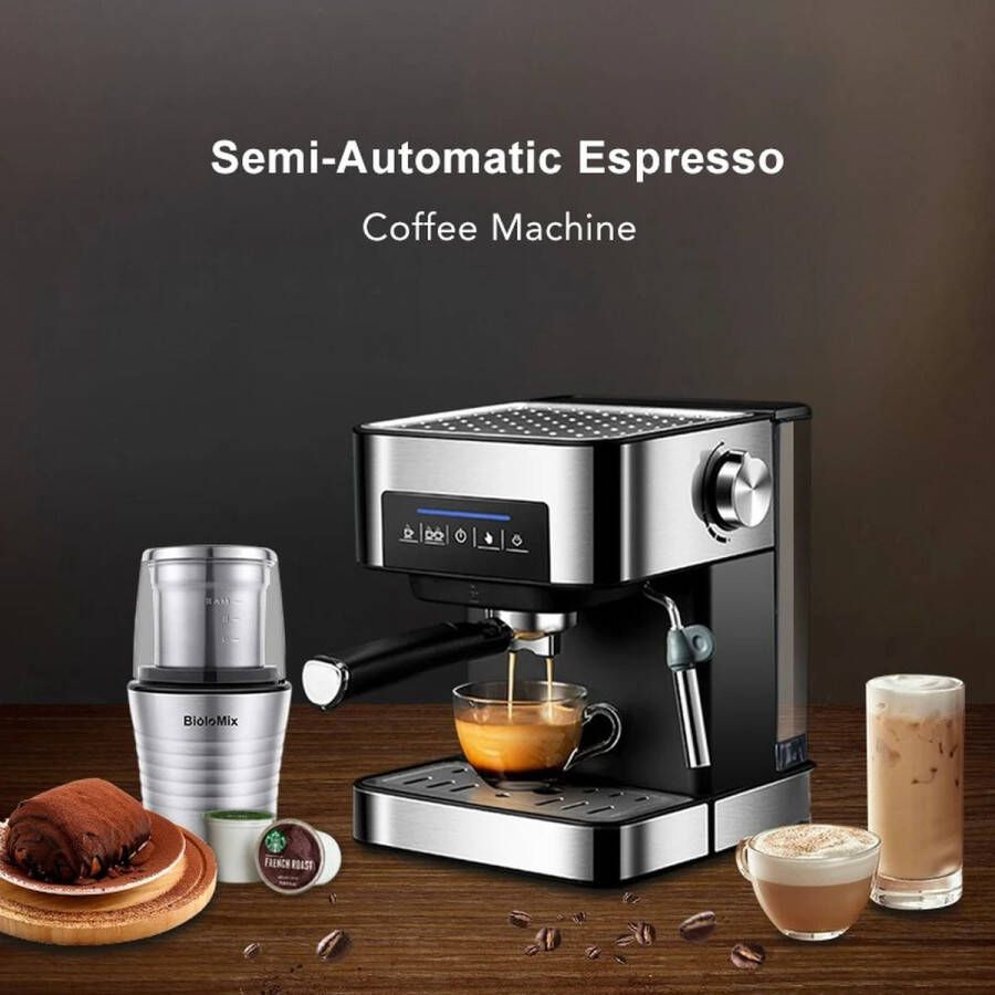 BioloMix Mima Koffiezetapparaat- Espressomachine Koffiemachine-Koffiemolen- Silver- Melkopschuimer-Pistonmachine Koffie- Koffiemok Heater- Luxe Uitstraling