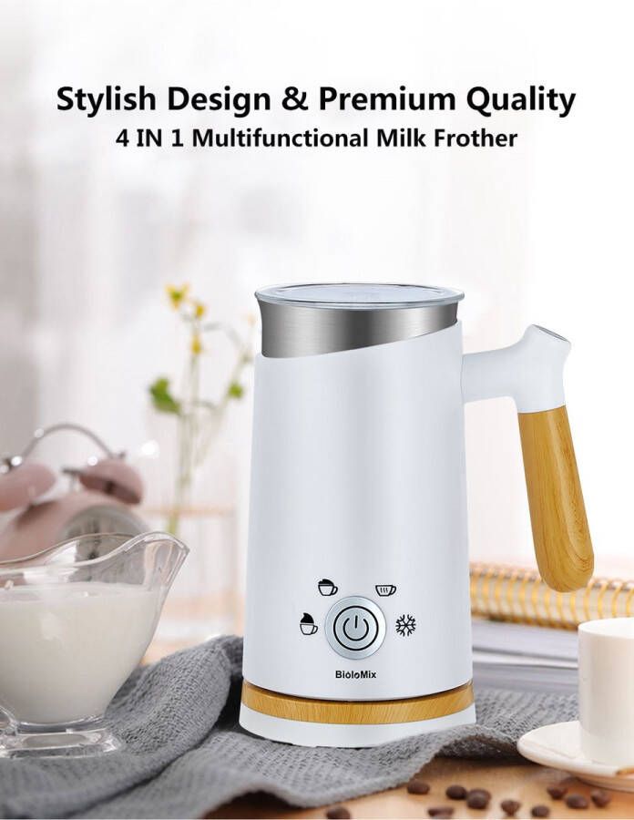 BioloMix Premium Melkopschuimer Electrisch 4-in-1 Melkschuimer Milk Hot Cold Opschuimer Wit Hout 150ml Melkopschuimer 300ml Melk Opwarmen