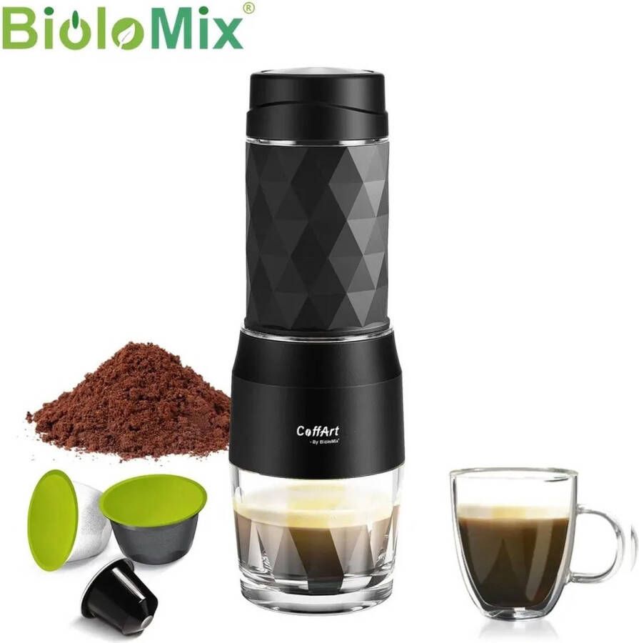 Biolomix Retail Trends Draagbare Koffiemachine Espressomachine Voor Nespresso Dolce Gusto Cups en Filterkoffie 20 Bar 7 6 cm x 7 6 cm x 22 cm (lxbxh) Handpers Voor Op reis Camping Zwart