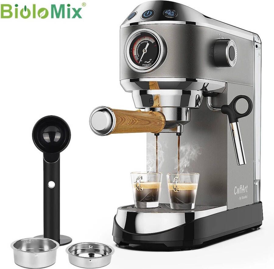 BioloMix Tumex Espressomachine Espresso Koffiemachine Semi-automatisch 20 Bar Druk Met Melkopschuimer 1 1L Waterreservoir RVS