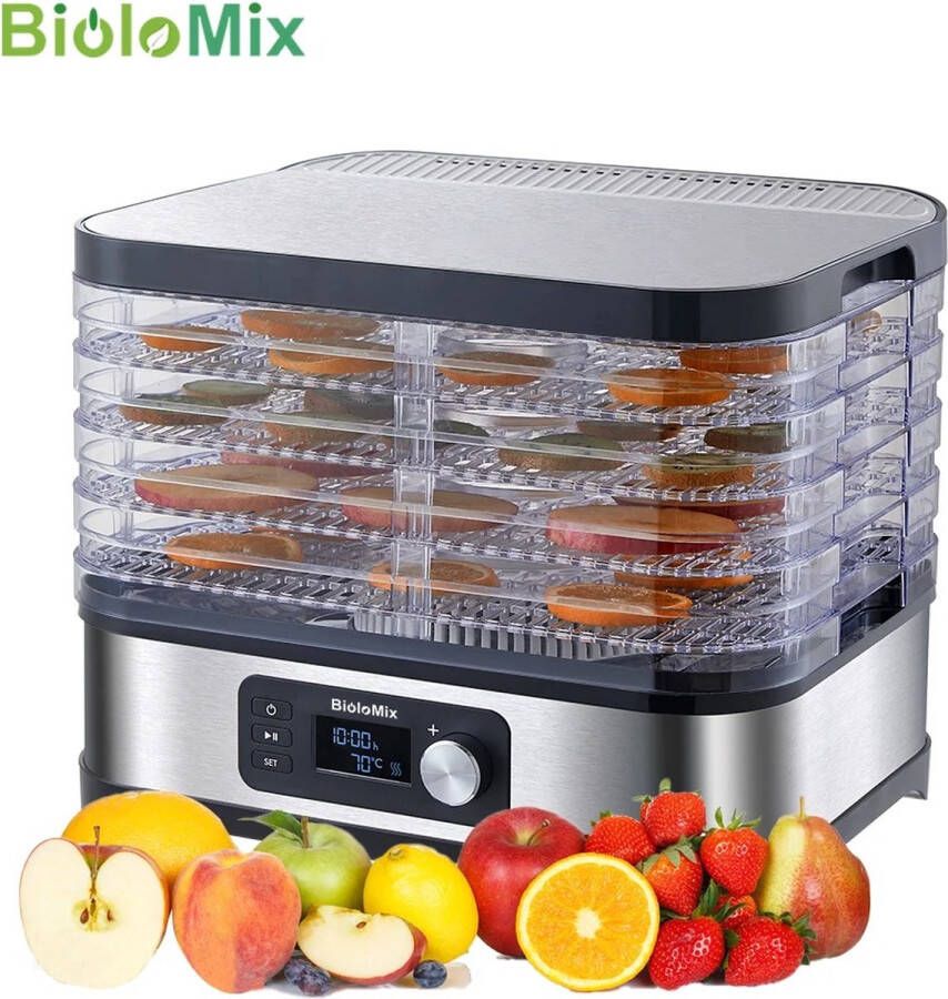 BioloMix Voedseldroger Dehydrator Fruitdroger Voor Fruit Groente Vlees 5-laags Met Temperatuurregeling Digitale Timer