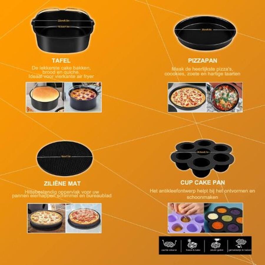 Birony Airfryer Accessoires Airfryer Siliconen Bakje Bakplaat Airfryer Bakvorm Airfryer Pizzapan Cupcake Bakvorm Toastrek Keukengerei Set Siliconen Airfryer Accesoires