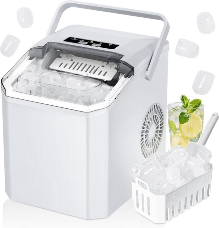 BIXc IJsblokjesmachine 9 ijsblokjes in 6 minuten 15 kg in 24 uur 2 formaten ijs zelfreinigend. Draagbare ijsblokjesmachine met handvat ijsschep en mandje voor thuis keuken kantoor bar