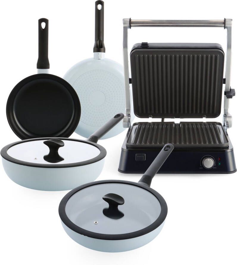 BK Enjoy 4-delige pannenset met contact grill Kerstgeschenk tip Lichtblauw Koekenpan Ø 24 28cm Wokpan Ø 28cm Hapjespan met deksel Ø 28cm PFAS vrij Koelgrepen Ovenbestendig tot 160° Vaderdag cadeaupakket