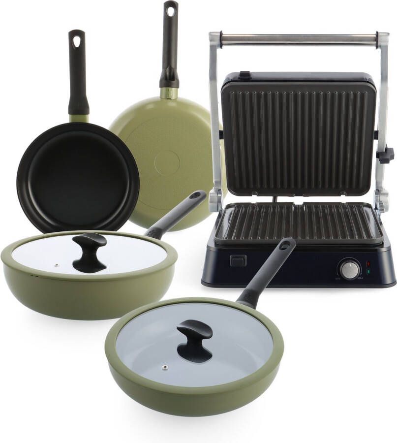 BK Moederdagcadeau Enjoy 4-delige pannenset met contact grill Olijfgroen Koekenpan Ø 24 28cm Wokpan Ø 28cm Hapjespan met deksel Ø 28cm PFAS vrij Koelgrepen Ovenbestendig tot 160° Moederdag