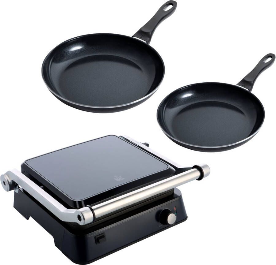 BK Vaderdag geschenk tip: Vivid Koekenpannenset met contact grill Koekenpan 24 en 28cm Zwart PFAS-vrij Inductie- en Vaatwasserbestendig Ovenbestendig tot 160° Koudgrepen Aluminium Vaderdag