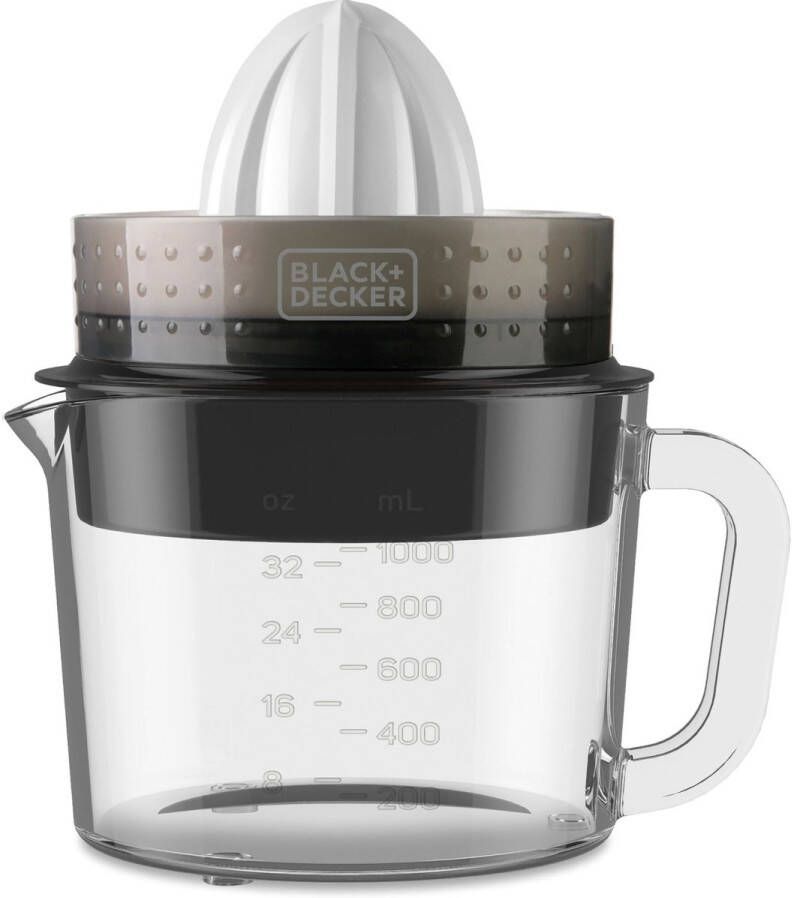 BLACK+DECKER Automatische Citruspers 30W Glazen Kom 1L Dubbele Rotatierichting Pulpregelaar Verwijderbare Kegels Vaatwasmachinebestendig Compact Opbergsysteem