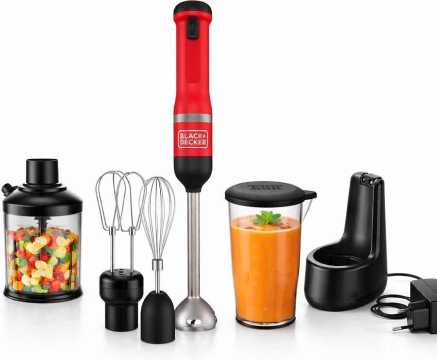 BLACK+DECKER Black & Decker Draadloze Staafmixer Inclusief Hakmolen met Mengkom (0 7L) en Garde-opzetstuk Rood RVS BCKM1014KR-QW