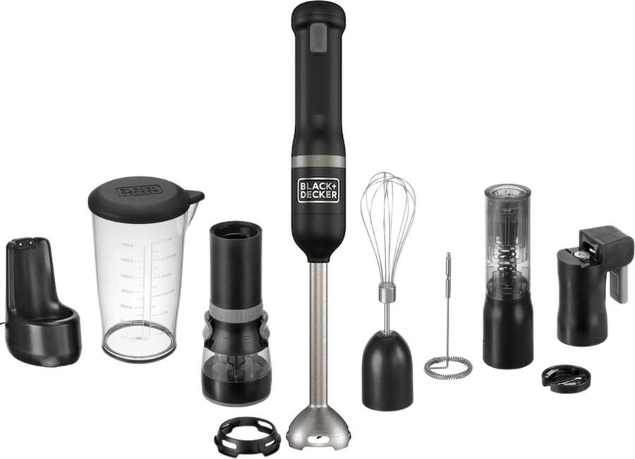 BLACK+DECKER KitchenWand™ 6 in 1 Draadloze Staafmixer – Accu – Inclusief wijnfles opener blikopener melk opschuimer maatbeker perper en zout molen