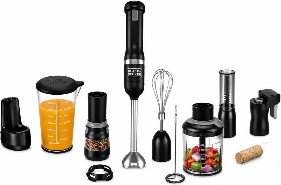 BLACK+DECKER KitchenWand™ 6 in 1 Draadloze Staafmixer – Mengkom 0 7L – Hakmolen Wijnfles Opener Zout en Pepermolen Blikopener Melkopschuimer Garde Zwart