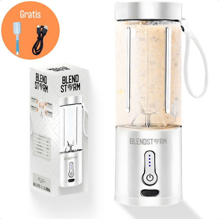 BlendStorm Draagbare Blender Draadloze Blender Draadloos Blenders Blender To Go 6 Mesjes Mini Blender Smoothie Maker Juicer Keukenmachine USB Oplaadbaar 500 ml Wit