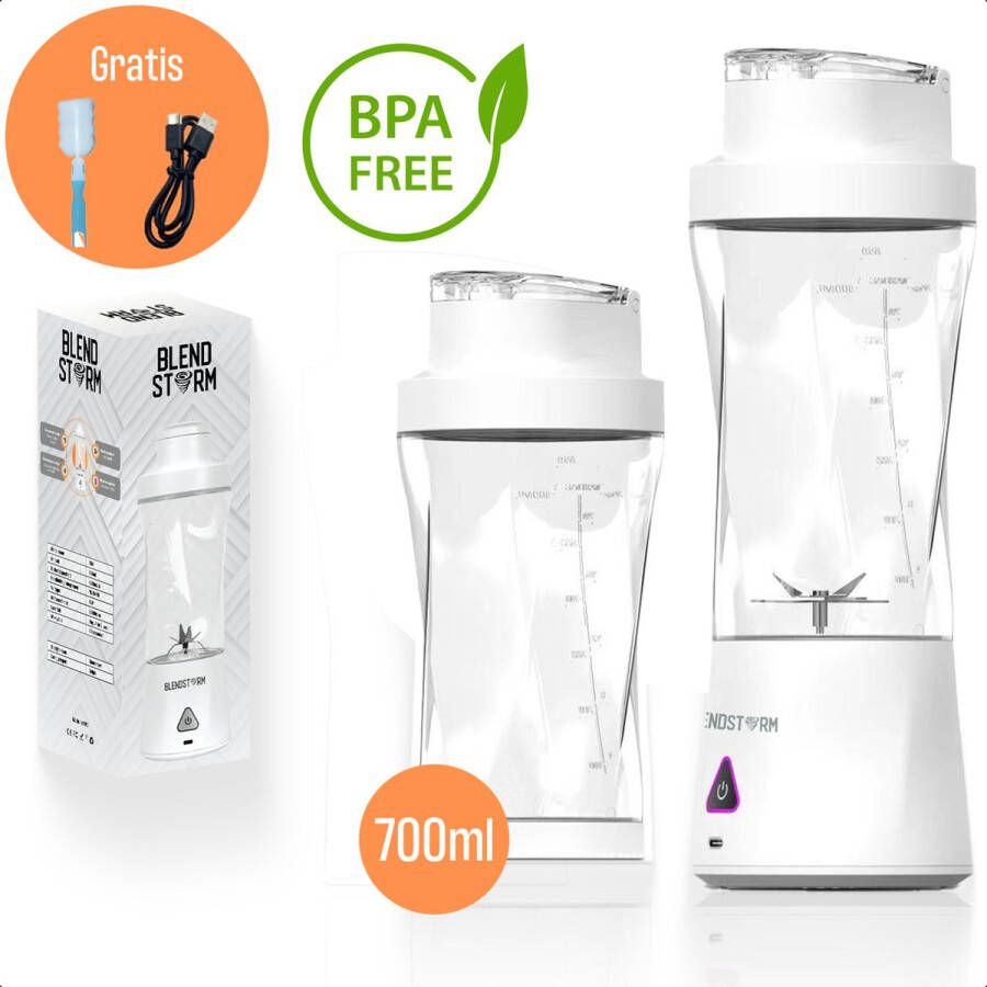 BlendStorm Draagbare Blender Premium Draadloze Blender Draadloos Blenders Blender To Go 6 Mesjes Mini Blender Smoothie Maker Juicer Keukenmachine USB Oplaadbaar 700 ml Wit