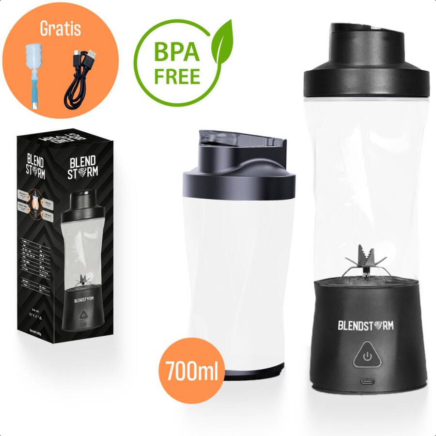 BlendStorm Draagbare Blender Premium- Draadloze Blender Draadloos Blenders Blender To Go 6 Mesjes Mini Blender Smoothie Maker Juicer Keukenmachine USB Oplaadbaar 700 ml Zwart