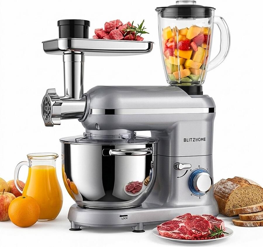 BlitzHome BH-SM10 Keukenmachine 1900W 6L Standmixer met Vleesmolen Blender 1 5L Groentesnijder Worstmaker 6 Snelheden RVS Mengkom Zilver