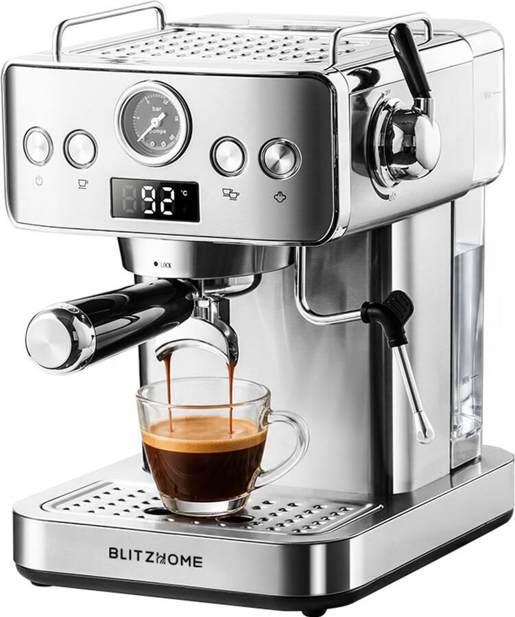 BlitzHome CM-601G Espressomachine Halfautomatisch 20 Bar – Espresso Apparaat met Melkopschuimer PID Temperatuurregeling Drukmeter en Thermoblock – Zilver