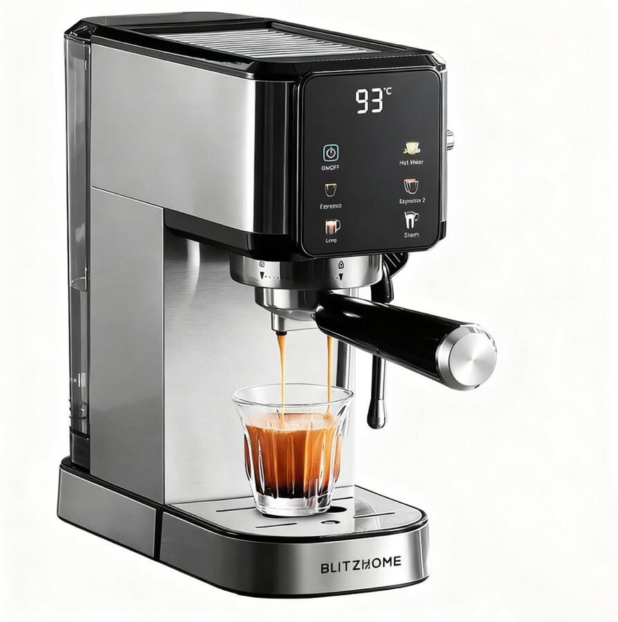 BlitzHome CM5105 Halfautomatische Espressomachine 20 Bar 1350W Touchscreen Tassenwarmer 1L Waterreservoir Zilver