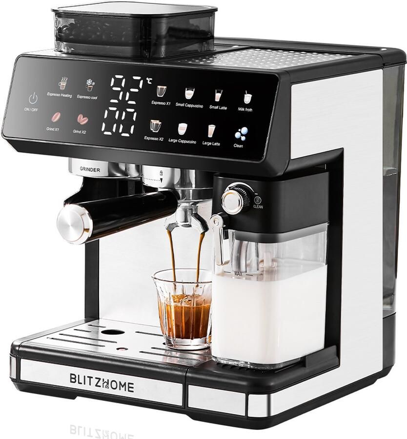BlitzHome CM5710 Espressomachine Volautomatische met Geïntegreerde Koffiemolen Dual Boiler Melkopschuimer Heet & Koud Touchscreen Bediening Snelle Bereiding EU-Stekker