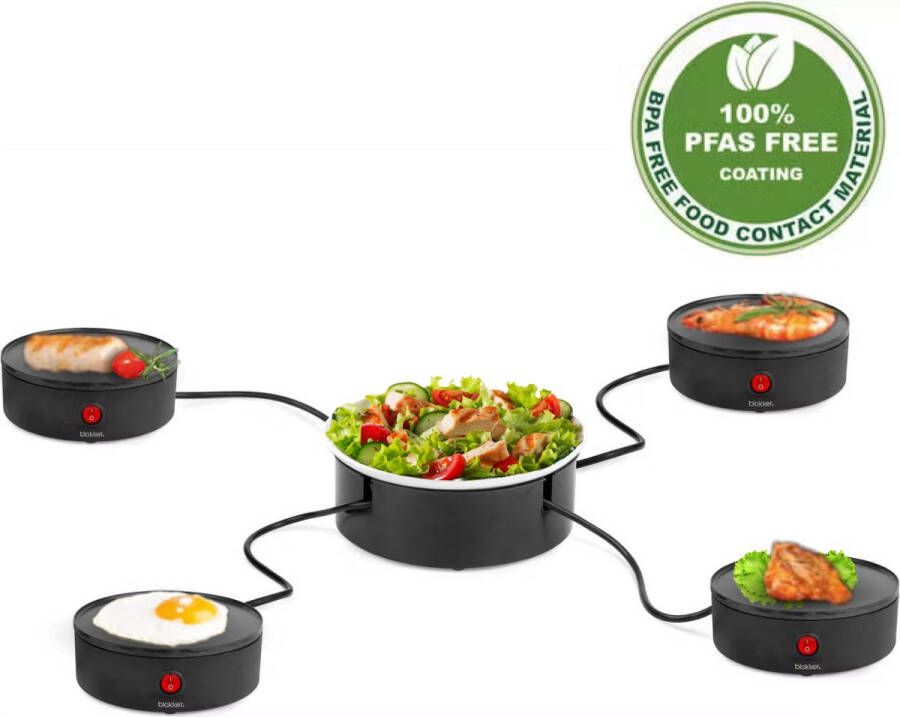 Blokker 4inOne Gourmetstel met 4 Aparte Kookunits Ø16 cm met Serveerschaal 1400W PFAS- en BPA-vrij Inclusief 4 Spatels Stapelbaar Ontwerp Tot 4 Personen Ruimtebesparend Gourmetset met Grillmodules en Indicatie Lampjes Raclette BL24708 - Foto 2