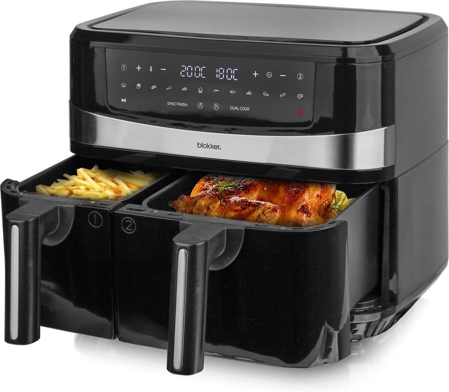 Blokker Dubbele Heteluchtfriteuse Airfryer 2400W 6L+4L Digitaal display Regelbare thermostaat Dual zone & cook Sync finish Opwarmfunctie Cool touch Timer Akoestisch alarm Droogfunctie Anti-aanbaklaag AF-130278.1 Zwart