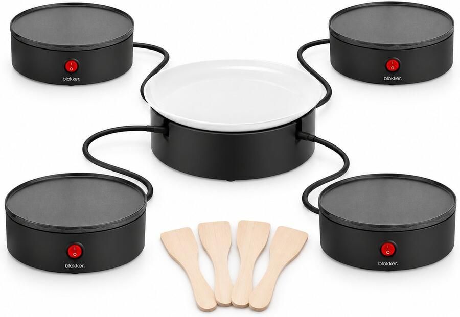 Blokker Gourmetstel voor 4 Personen Grill & Bakplaat inclusief Serveerschaal en 4 Spatels Vaatwasserbestendig PFAS-vrij Compleet Gourmetstel Gourmetset Raclettegrill Stapelbaar 4 Individuele Bakplaten Ø16 cm 1200 W Zwart