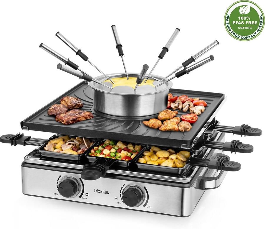 Blokker Raclette Grill Gourmetset Kaasfondue 8 Pannen Indicatielampje Regelbare thermostaat ILAG Coating PFAS vrij Aluminium grill 8 spatels Fondueset GS A13 1500W RG-131577.2 Zwart