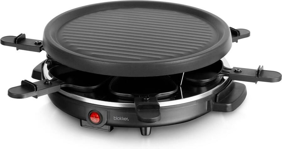 Blokker Raclettegrill Gourmetset 28cm diameter 6 pannetjes ILAG coating PFAS vrij Stalen grillplaat 6 spatels GS A13 Antislip voetjes 800W RG-131523.1 Zwart