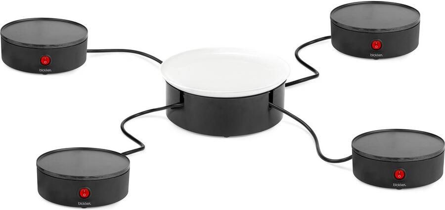 Blokker 4inOne Gourmetstel met 4 Aparte Kookunits Ø16 cm met Serveerschaal 1400W PFAS- en BPA-vrij Inclusief 4 Spatels Stapelbaar Ontwerp Tot 4 Personen Ruimtebesparend Gourmetset met Grillmodules en Indicatie Lampjes Raclette BL24708