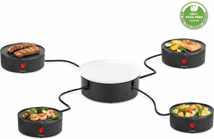 Blokker 4inOne Gourmetstel met 4 Aparte Kookunits Ø16 cm met Serveerschaal 1400W PFAS- en BPA-vrij Inclusief 4 Spatels Stapelbaar Ontwerp Tot 4 Personen Ruimtebesparend Gourmetset met Grillmodules en Indicatie Lampjes Raclette BL24708