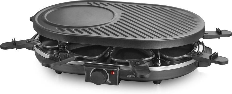 Blokker Raclettegrill Gourmetset 8 Pannen Indicatielampje Regelbare thermostaat ILAG Coating PFAS vrij Stalen grillplaat 8 spatels GS A13 Antislip RG-131524.1 Zwart