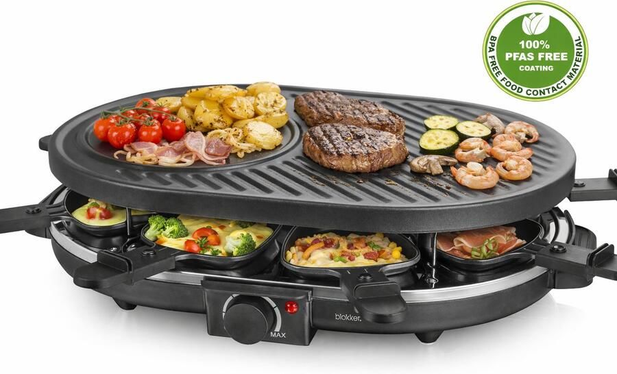 Blokker Raclettegrill Gourmetset 8 Pannen Indicatielampje Regelbare thermostaat ILAG Coating PFAS vrij Stalen grillplaat 8 spatels GS A13 Antislip RG-131524.1 Zwart