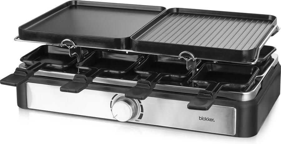 Blokker Raclettegrill Gourmetset 8 pannetjes Indicatielampje Regelbare thermostaat ILAG coating PFAS vrij Aluminium grill 8 spatels GS A13 Antislip voetjes 1400W RG-131425.1 Zwart