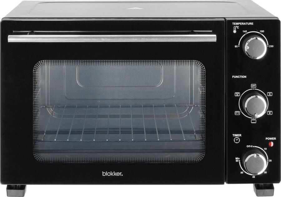 Blokker Vrijstaande Oven Zwart 28 Liter – Mini Oven Hetelucht tot 230°C – Kleine Oven 1500W – Inclusief Bakplaat Grillrooster en Draaispit – Praktische Timer tot 60 Min