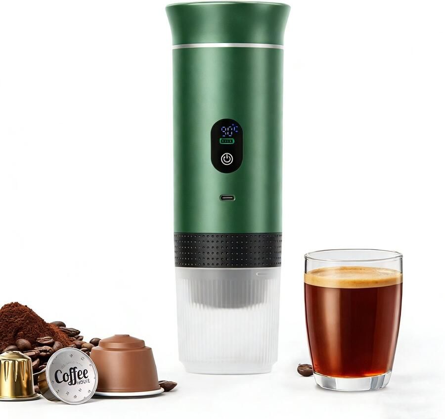 Blossom Draagbaar Koffiezetapparaat 3-in-1 Capsule Koffie Koffiezetapparaat Espressomachine Oplaadbaar 12 Volt Geschikt voor auto kamperen of reizen Groen