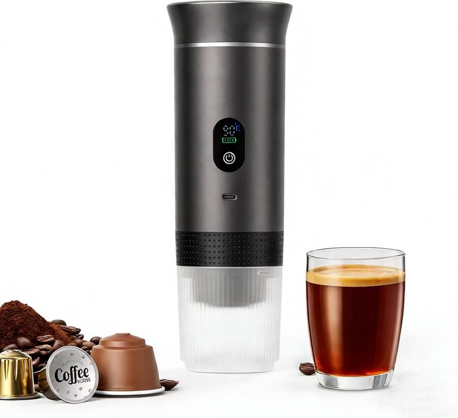 Blossom Draagbaar Koffiezetapparaat 3-in-1 Capsule Koffie Koffiezetapparaat Espressomachine Oplaadbaar 12 Volt Geschikt voor auto kamperen of reizen Grijs