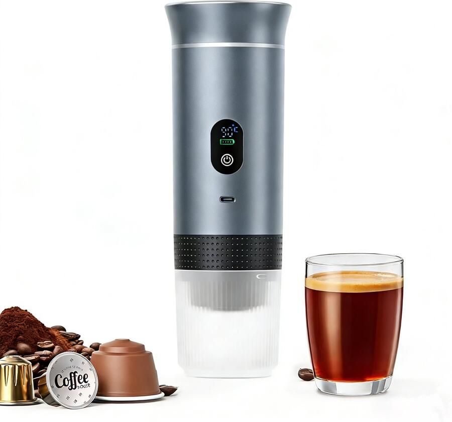 Blossom Draagbaar Koffiezetapparaat 3-in-1 Capsule Koffie Koffiezetapparaat Espressomachine Oplaadbaar 12 Volt Geschikt voor auto kamperen of reizen Zilver